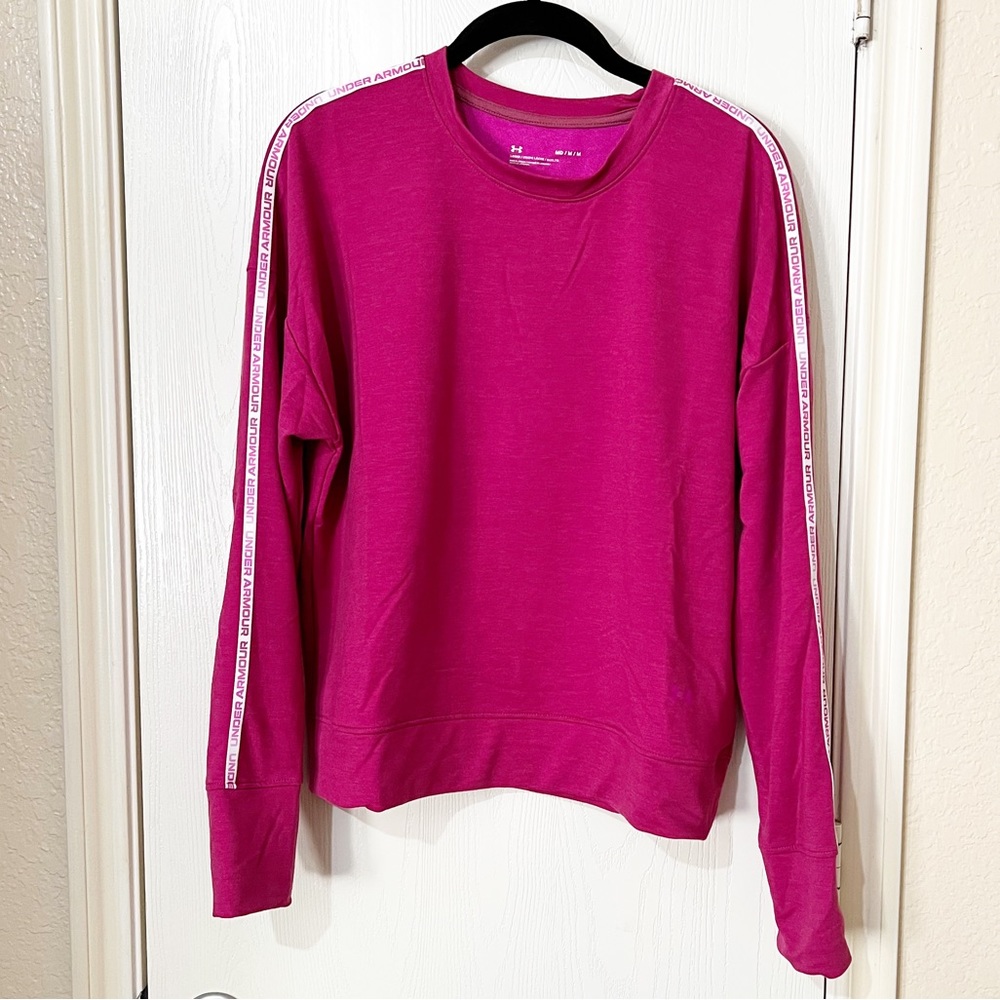 [Under Armour] Pink White Logo Stripe Popover Sweatshirt Lounge Athletic Size M